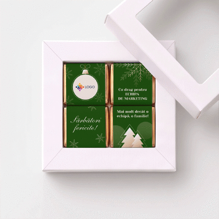 Coffret cadeau contenant 4 mini-chocolats personnalisés avec un logo et un message pour l