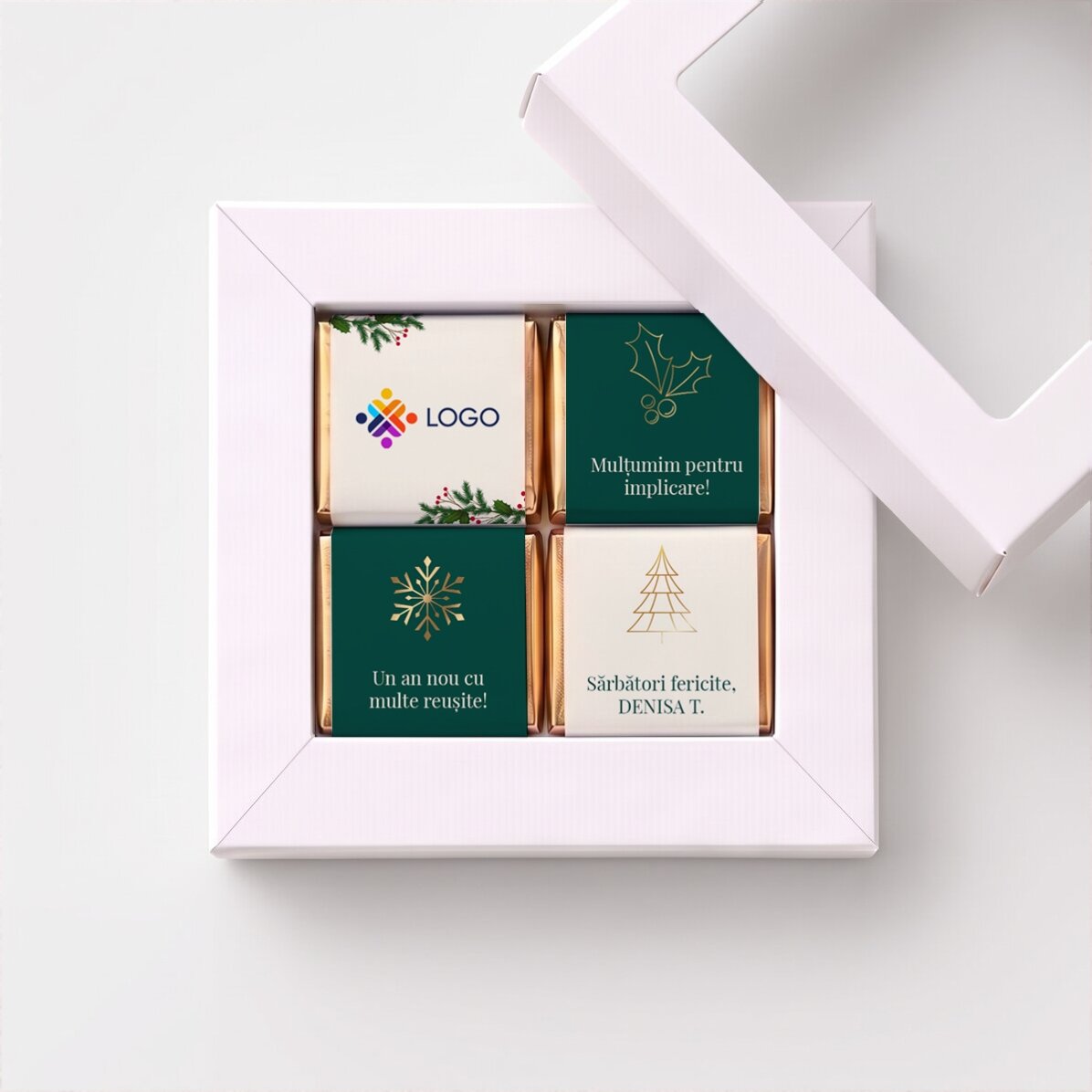 Coffret cadeau contenant 4 mini-chocolats personnalisés avec un logo et un message - Joyeuses fêtes 