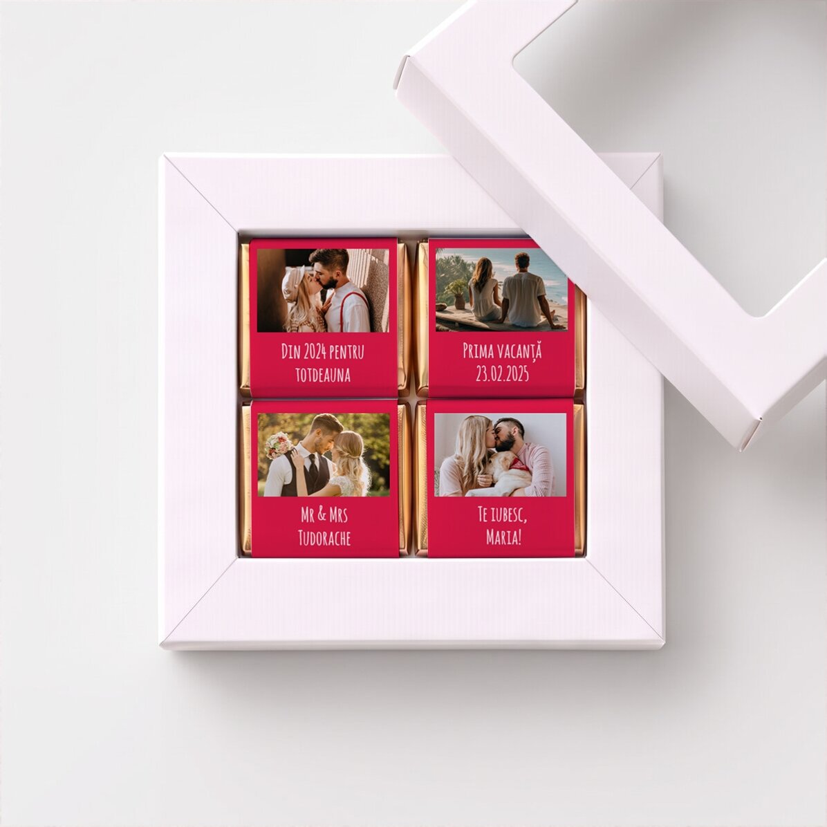 Coffret cadeau contenant 4 mini-chocolats personnalisés avec des photos et un message