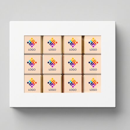 Coffret cadeau contenant 12 mini-chocolats personnalisés avec un logo