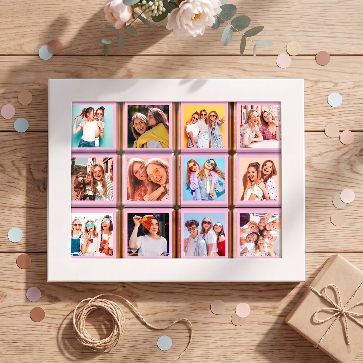 Coffret cadeau contenant 12 mini-chocolats personnalisés avec des photos