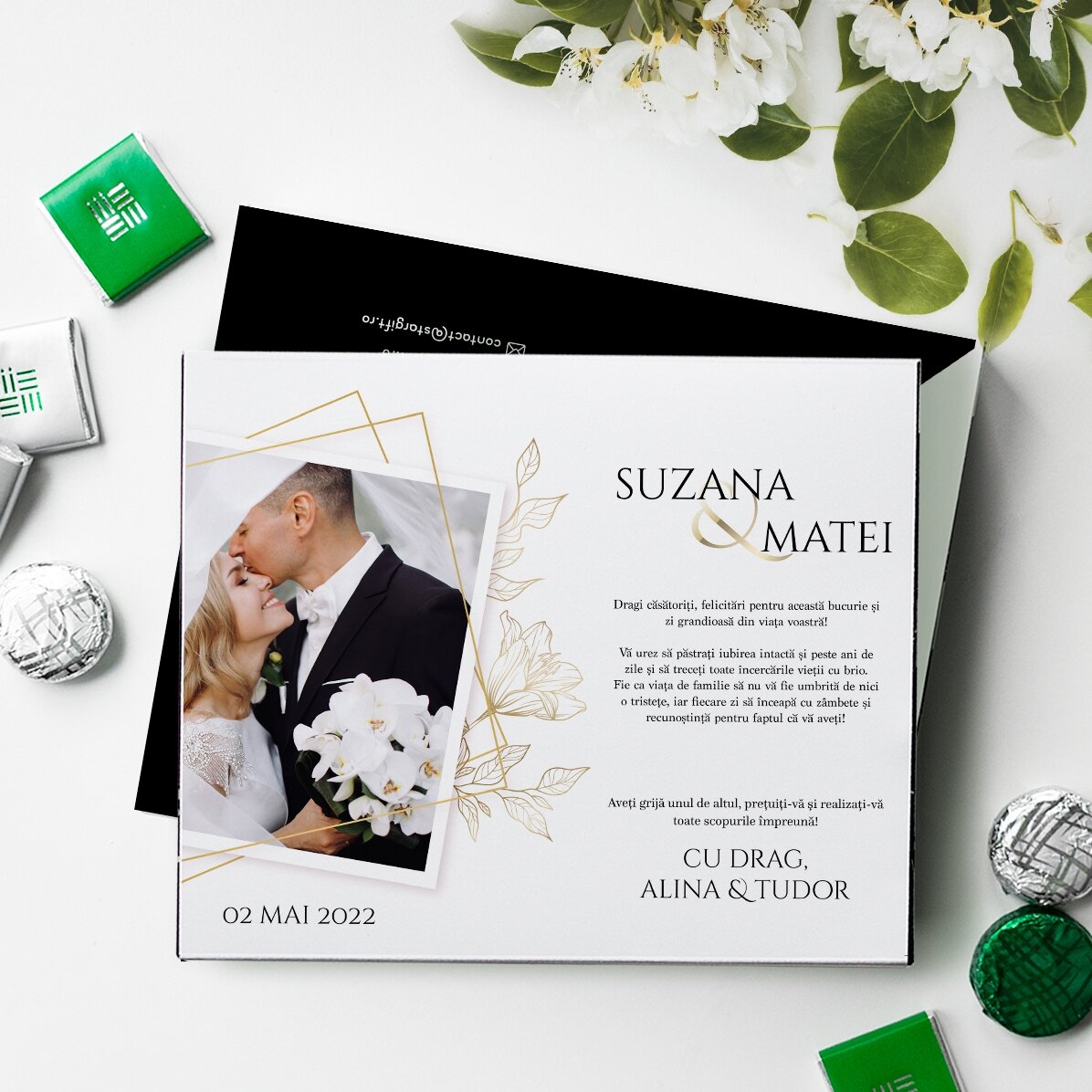 Boîte de bonbons personnalisée avec un message et une photo pour les mariés