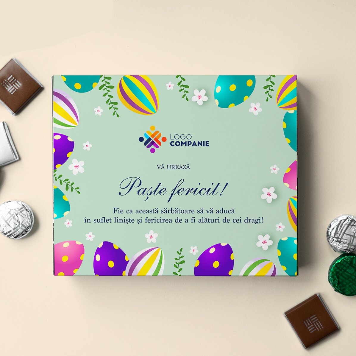Boîte de bonbons personnalisée avec logo et message - Joyeuses Pâques !