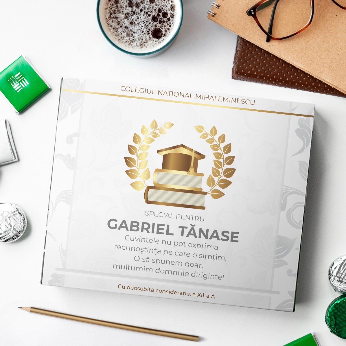 Boîte de bonbons personnalisée avec un message pour un professeur – Modèle « Remise des diplômes »