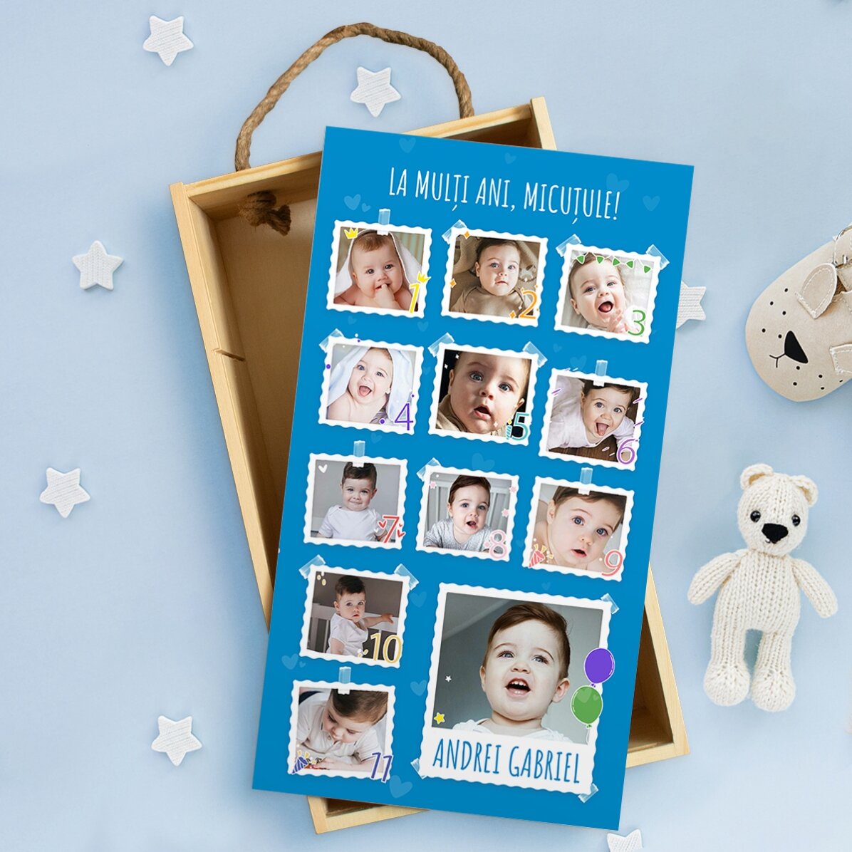 Coffret cadeau en bois personnalisé avec 13 photos et un texte - Premier anniversaire