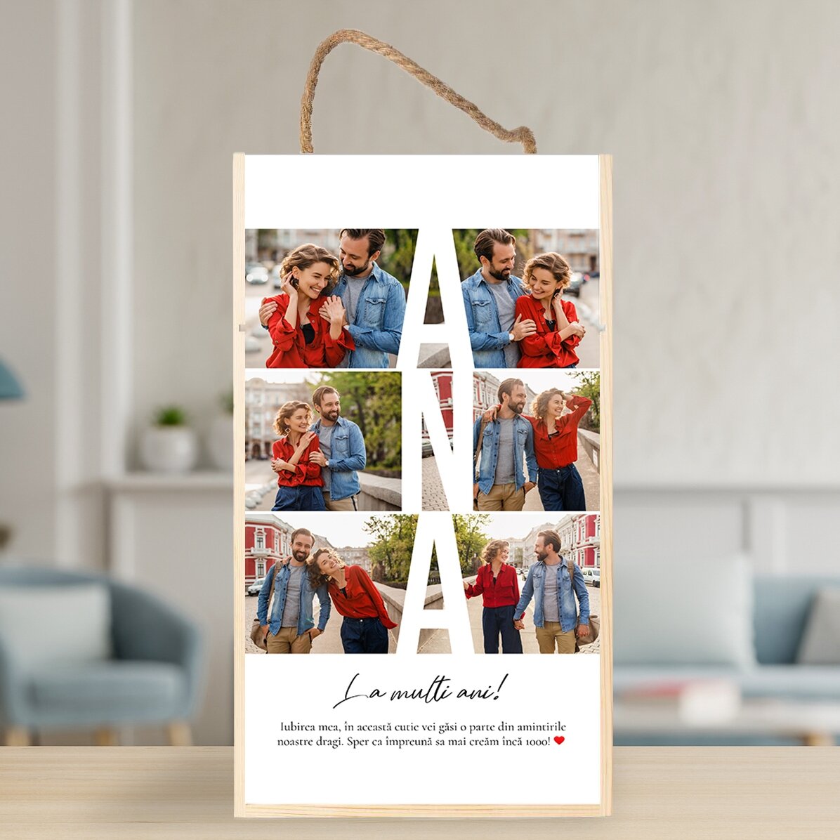Coffret cadeau en bois personnalisé avec 6 photos et un message - Souvenirs chers