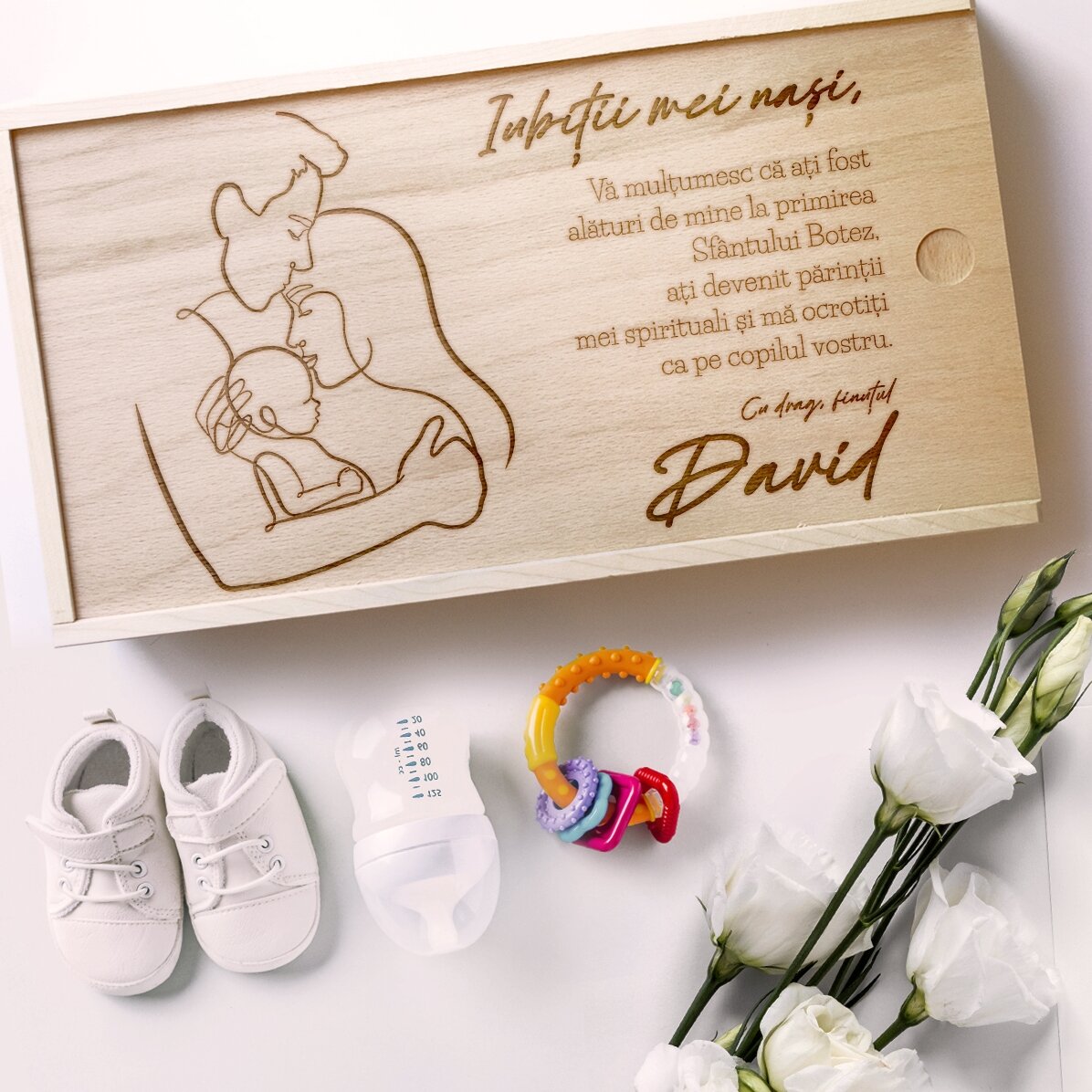 Coffret cadeau personnalisé en bois - Chers parrains et marraines