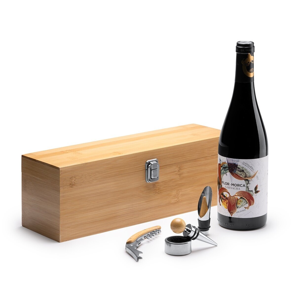 Coffret à vin en bambou avec accessoires, personnalisé avec le message « Just Married »
