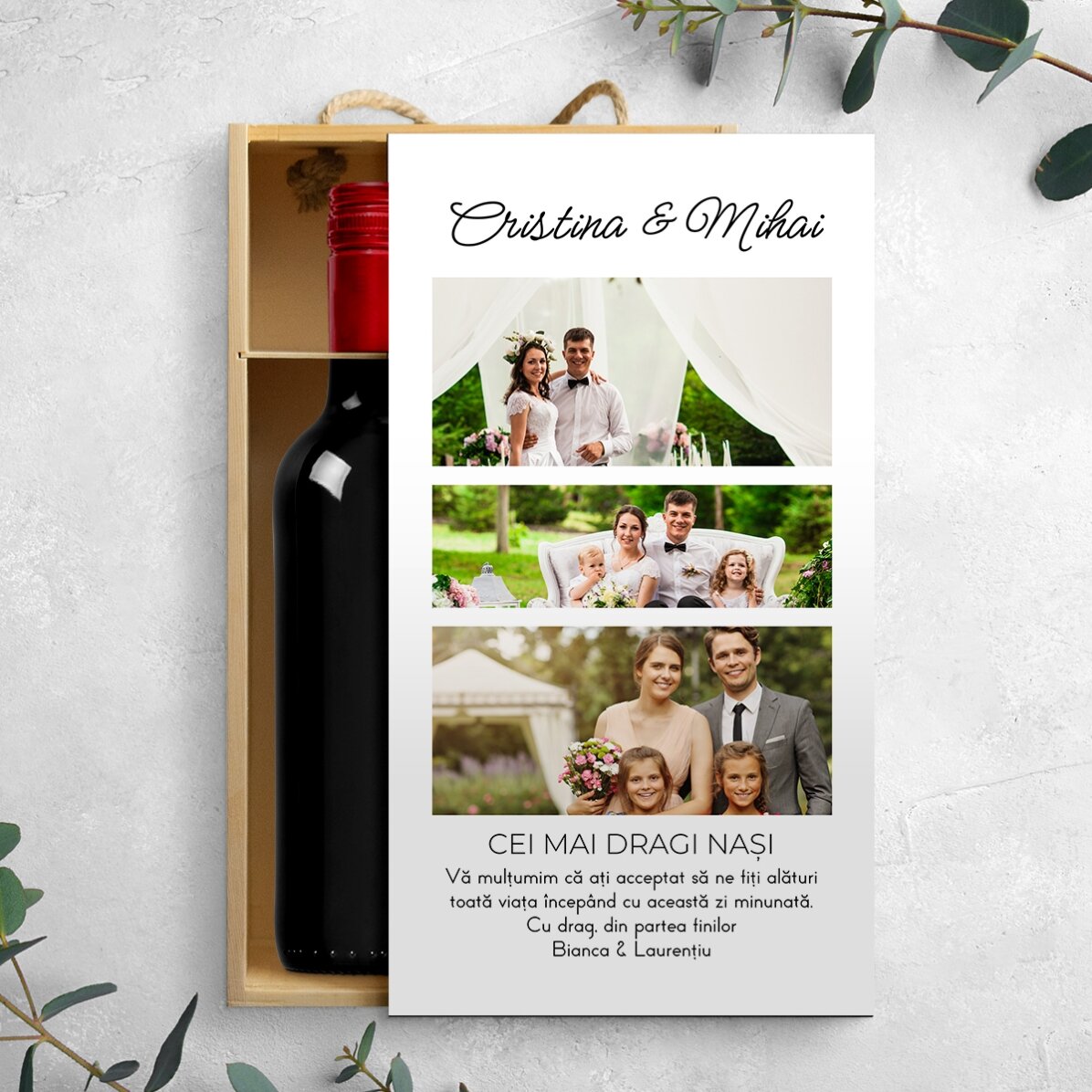 Coffret à vin pour 2 bouteilles, personnalisé avec 3 photos et un message pour vos proches