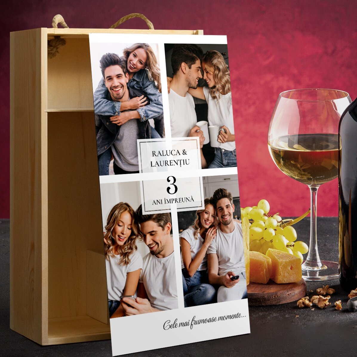 Coffret à vin pour 2 bouteilles, personnalisé avec 4 photos et un texte - Joyeux anniversaire
