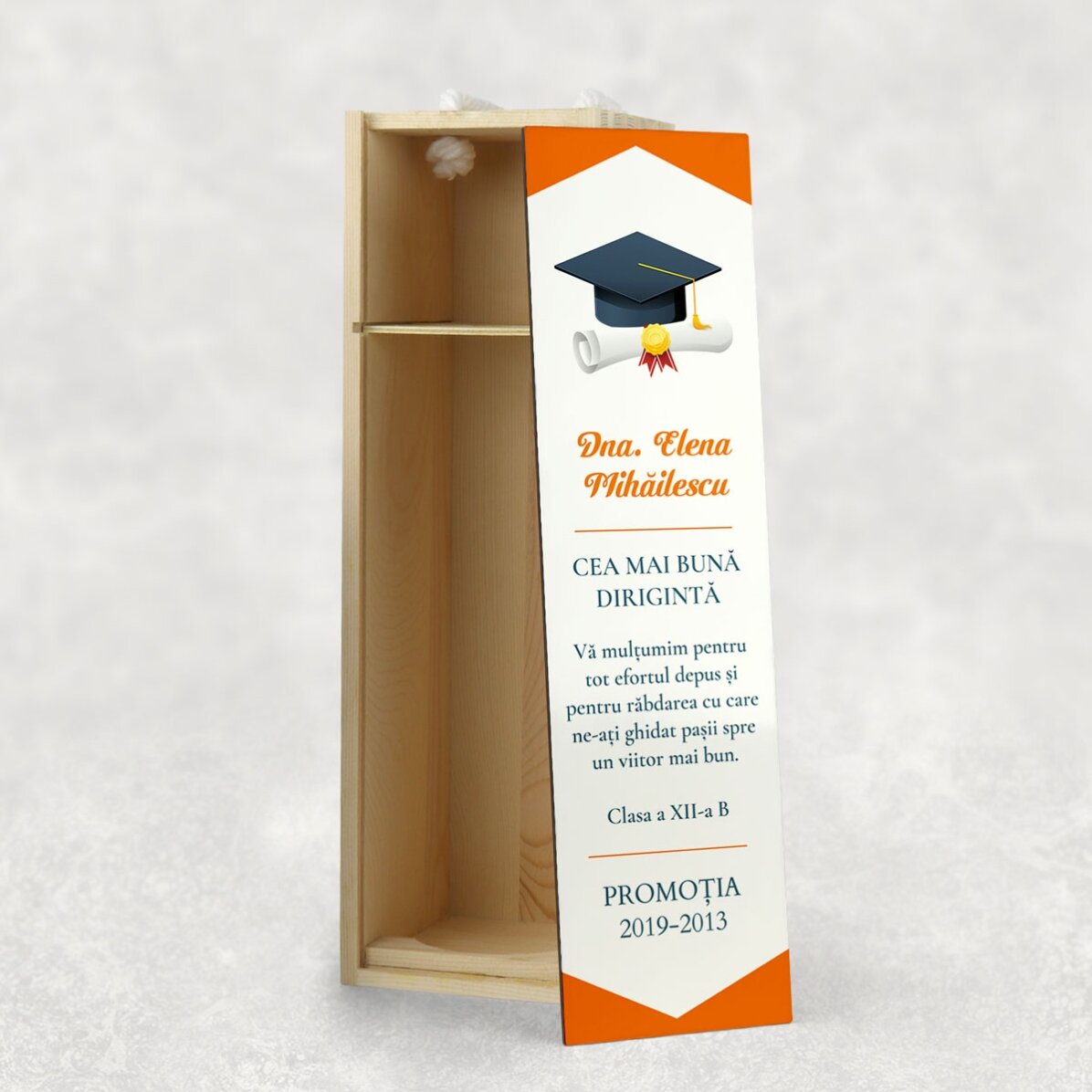 Coffret à vin pour une bouteille personnalisée avec un message de remise des diplômes