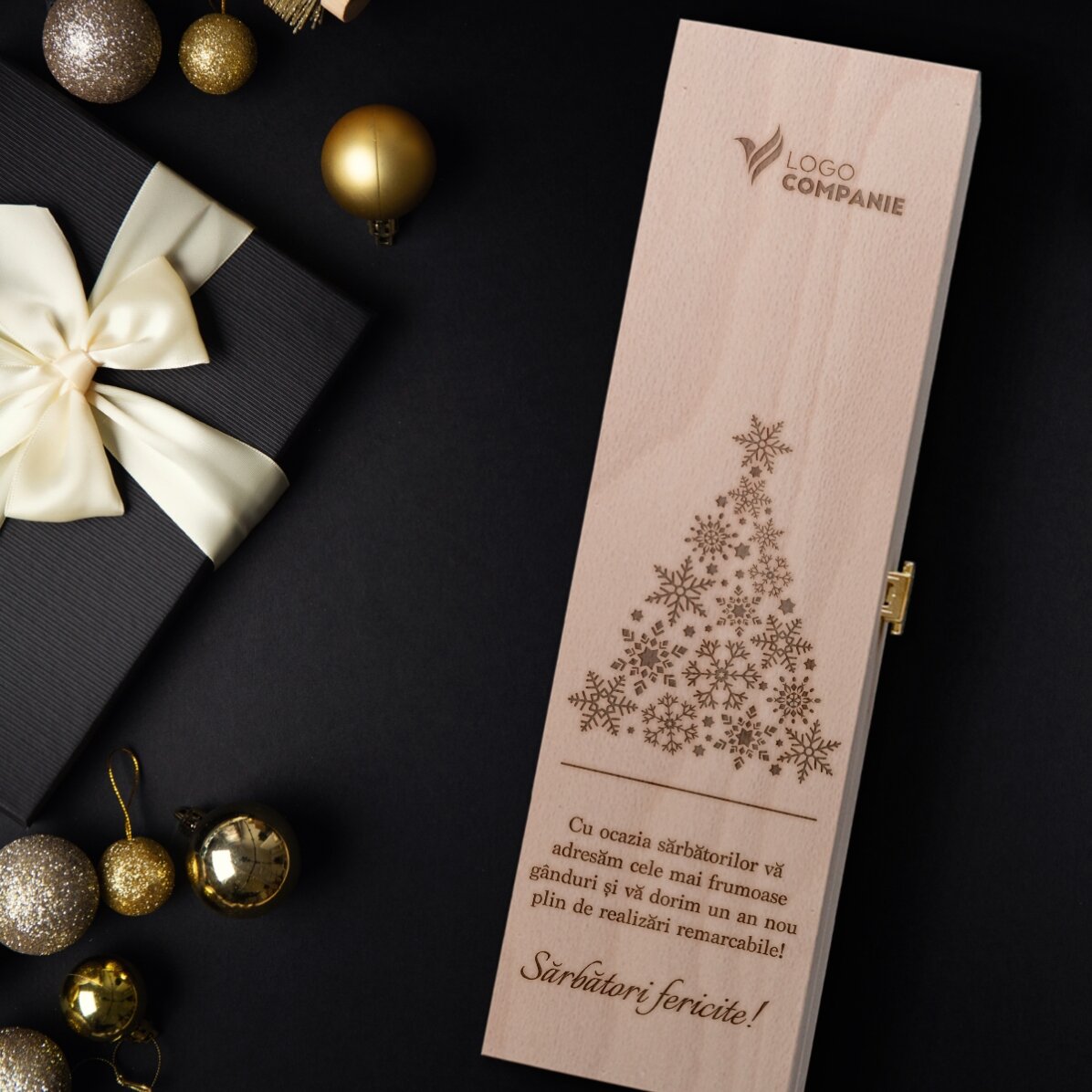 Caisse de vin personnalisée avec logo et message - Joyeux Noël !