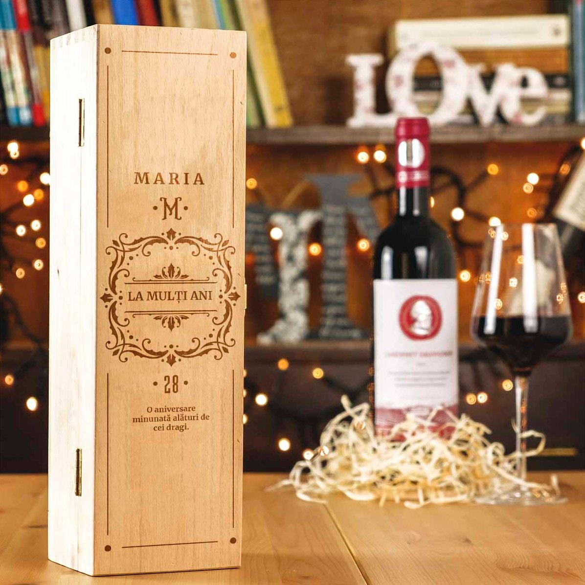 Coffret à vin personnalisé avec nom et texte - Modèle élégant