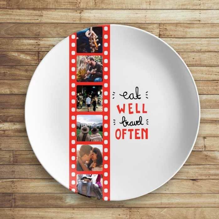 Assiette personnalisée avec 6 photos - Mangez bien, voyagez souvent