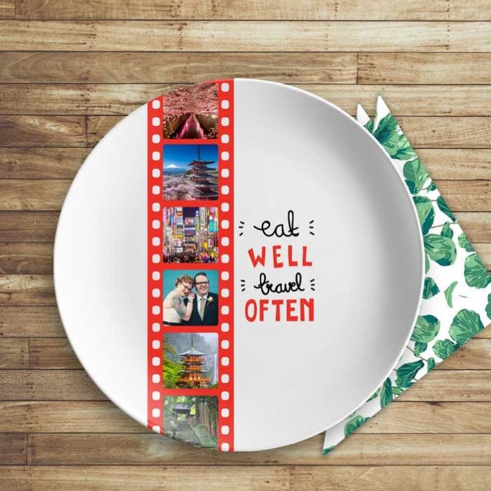 Assiette personnalisée avec 6 photos - Mangez bien, voyagez souvent