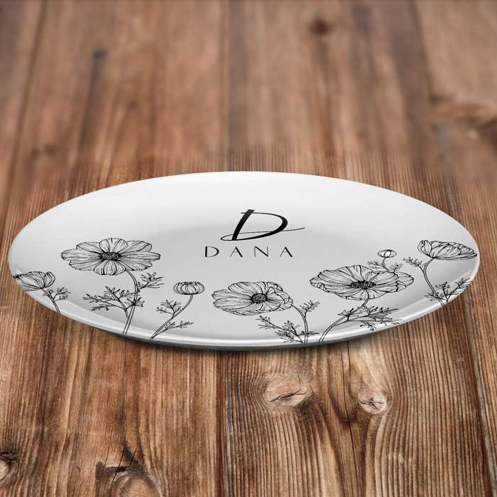 Assiette personnalisée avec une initiale et un texte - Flowers