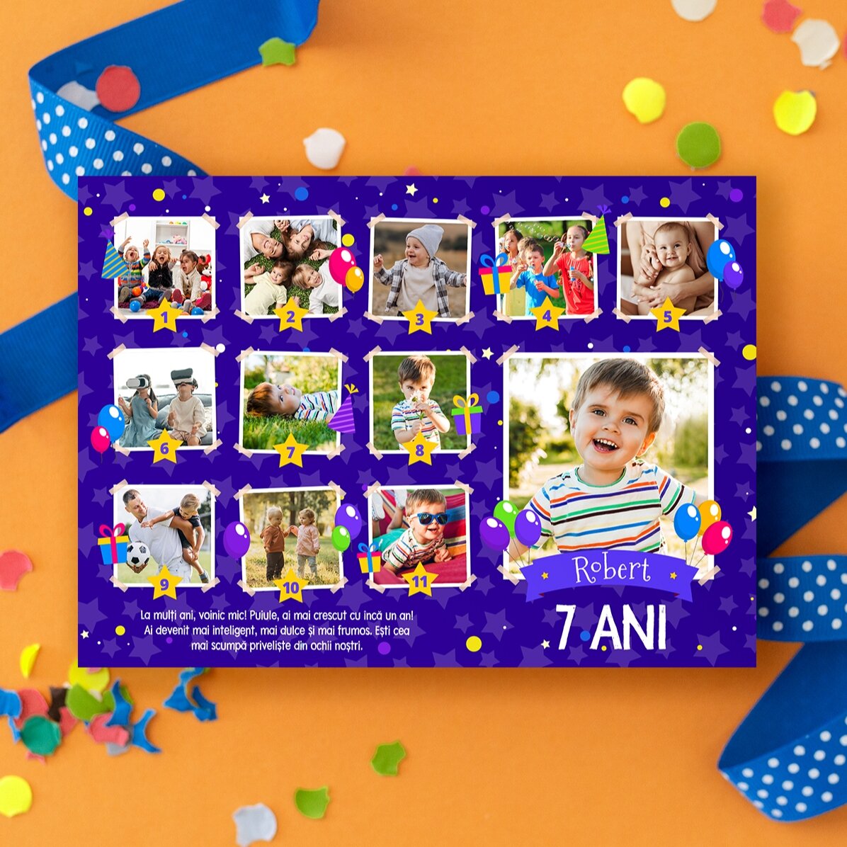 Carte de vœux magnétique personnalisée avec 12 photos et un message pour les enfants - Anniversaire