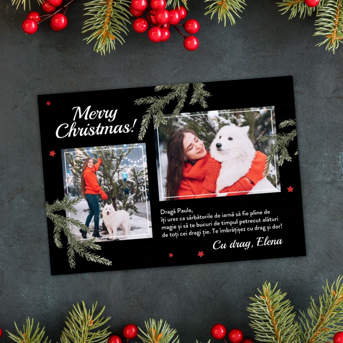 Carte de vœux magnétique personnalisée avec 2 photos et un message de Noël