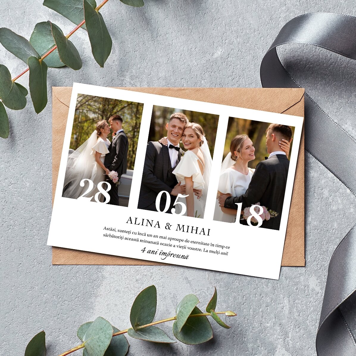 Carte de vœux magnétique personnalisée avec 3 photos et un texte pour un anniversaire de mariage