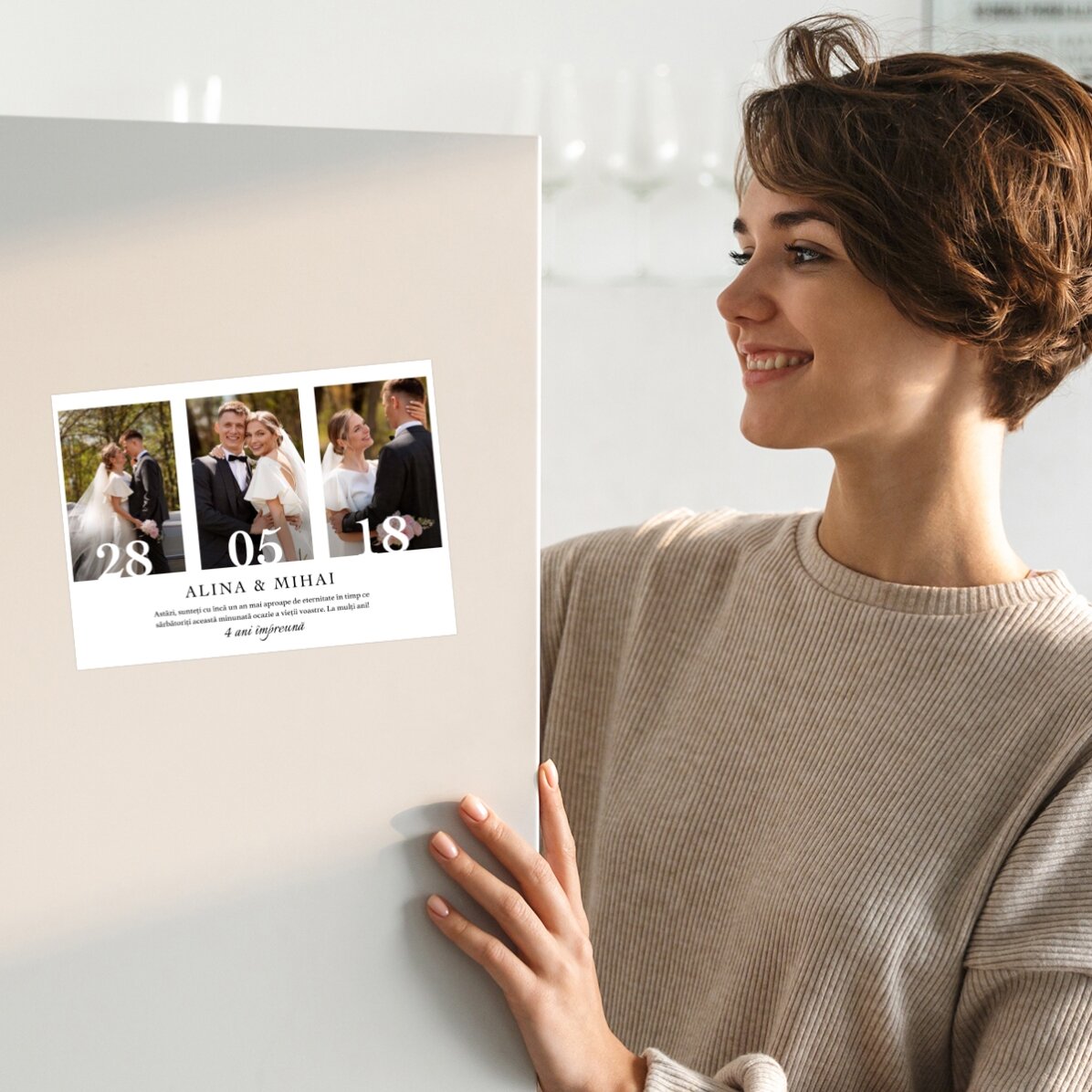 Carte de vœux magnétique personnalisée avec 3 photos et un texte pour un anniversaire de mariage
