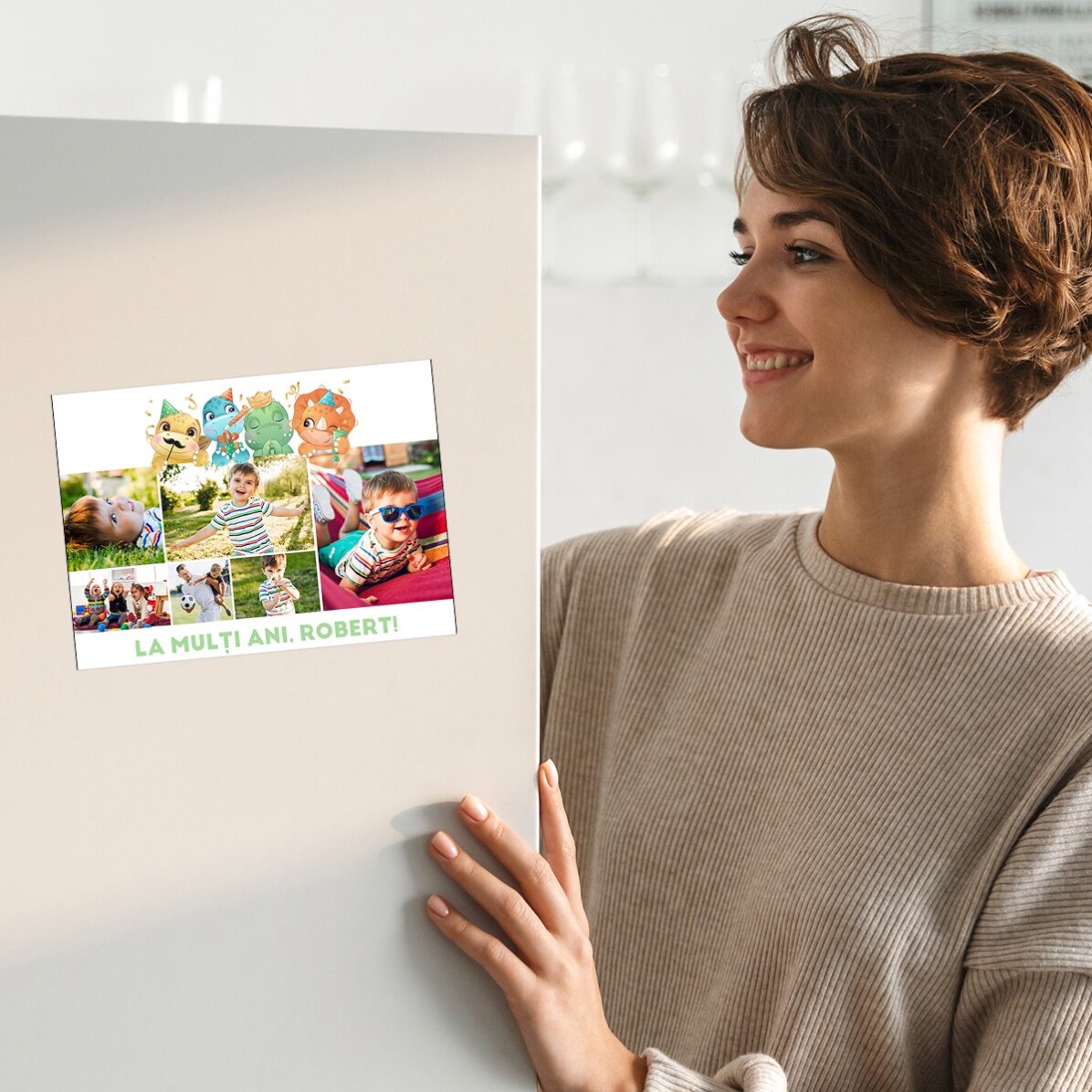 Carte de vœux magnétique personnalisée avec 6 photos et un texte - Dinosaures