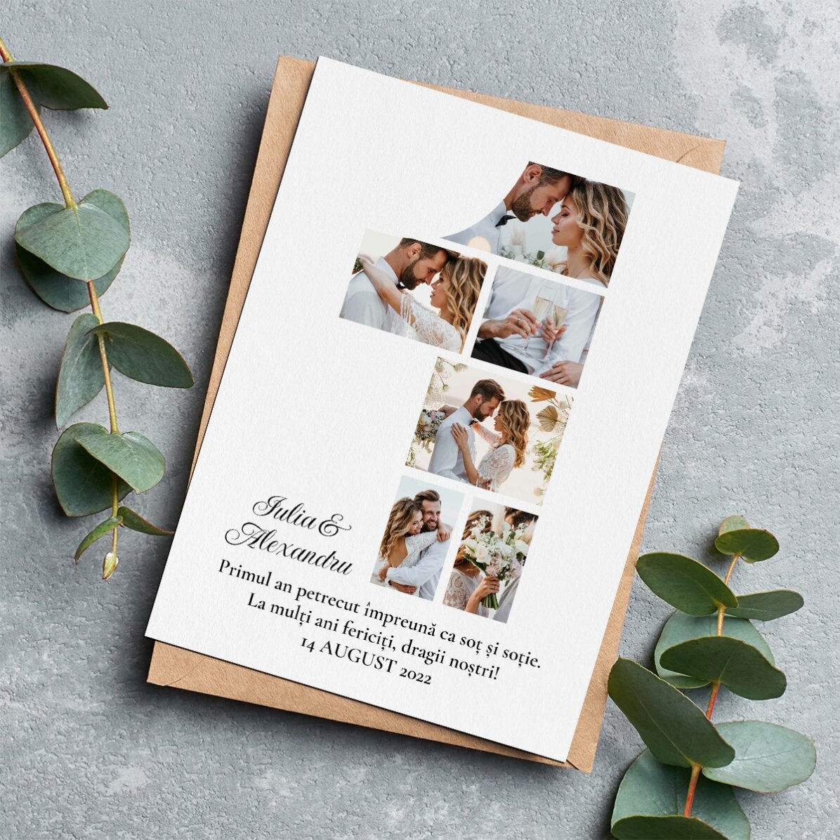 Carte de vœux magnétique personnalisée avec 6 photos et un texte pour le premier anniversaire