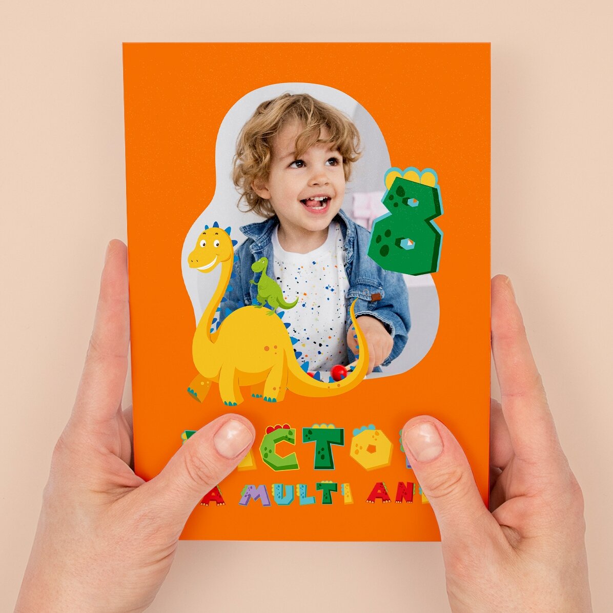 Carte de vœux magnétique personnalisée avec une photo, un chiffre et un texte - Dinosaure