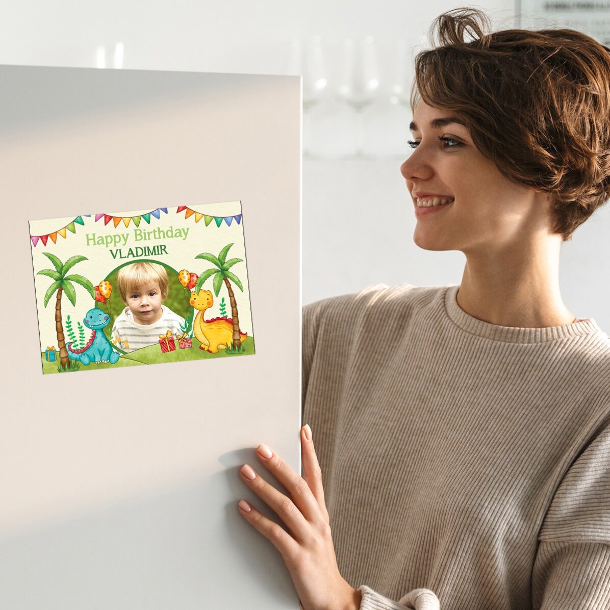 Carte de vœux magnétique personnalisée avec une photo et un message pour les enfants - Dinosaures