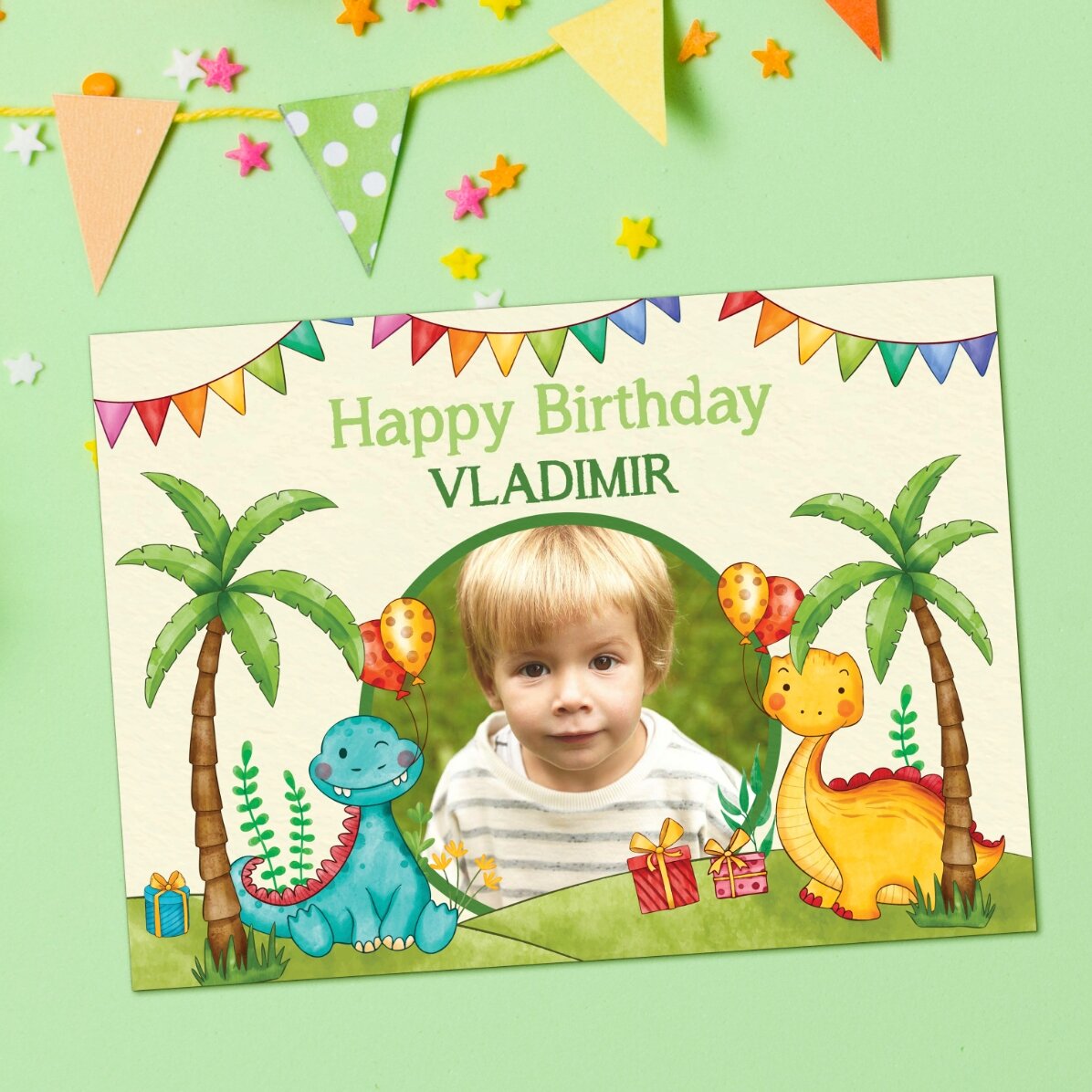 Carte de vœux magnétique personnalisée avec une photo et un message pour les enfants - Dinosaures