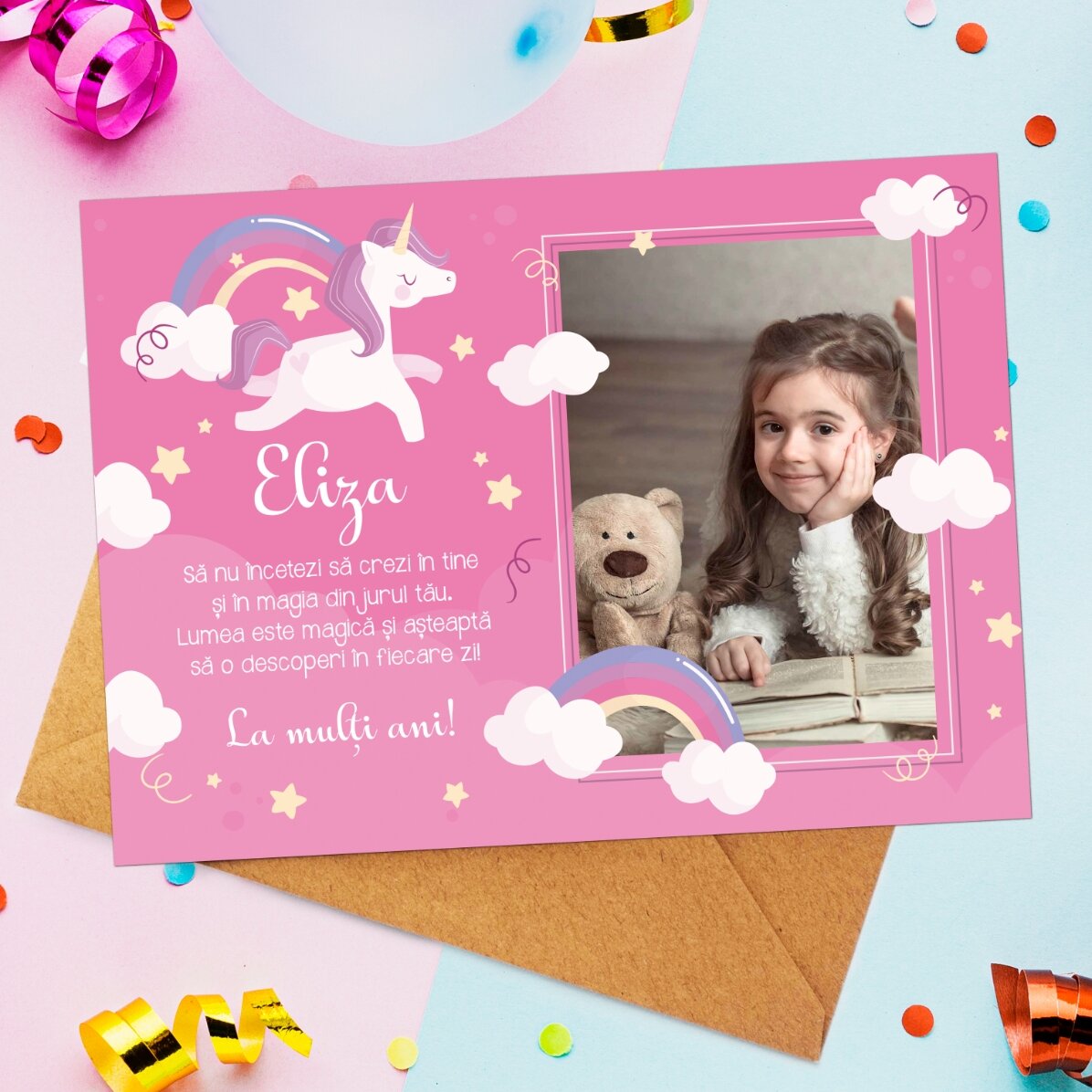 Carte de vœux magnétique personnalisée avec une photo et un message pour les enfants - Licorne