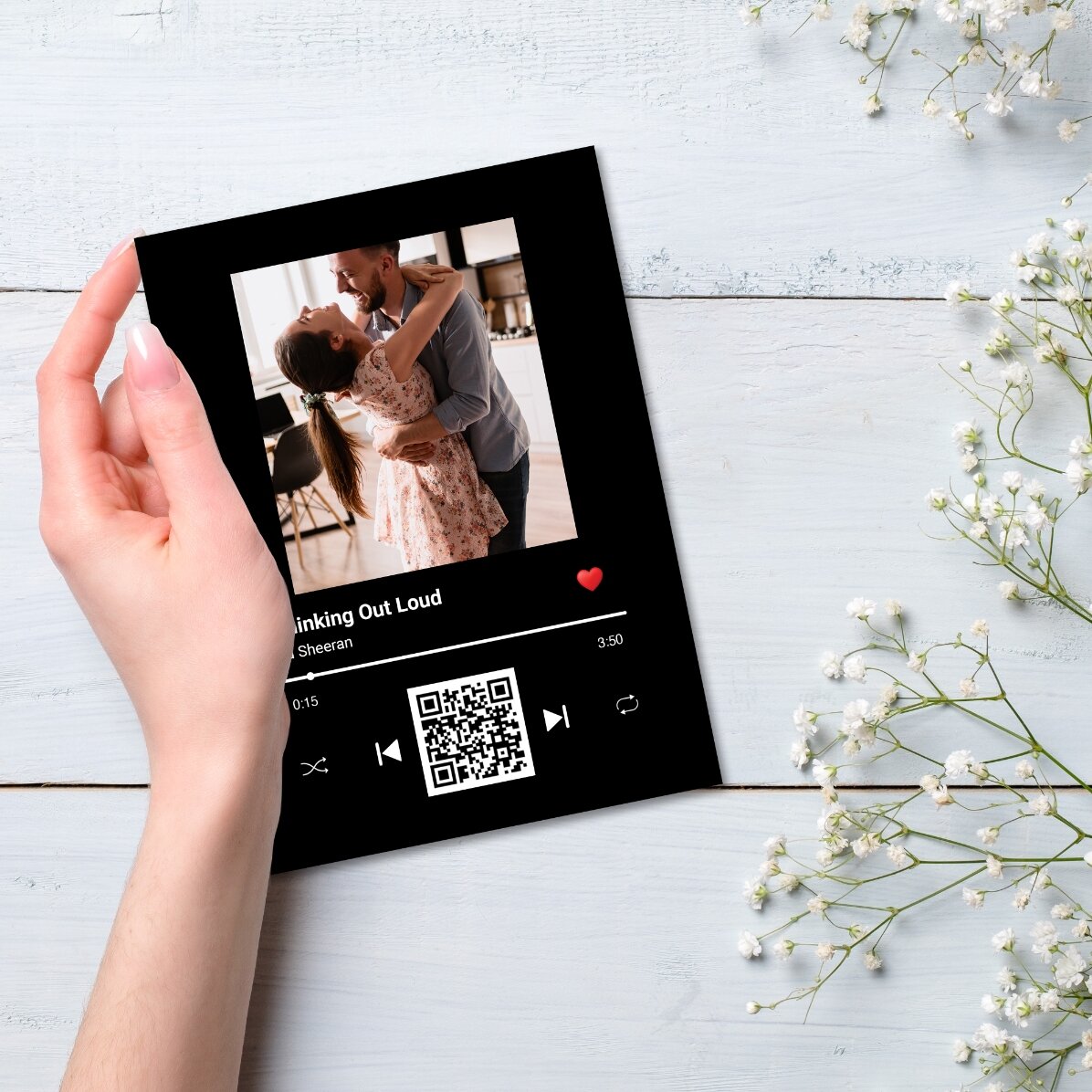 Carte de vœux magnétique personnalisée avec une photo, un texte et un code QR - Notre chanson