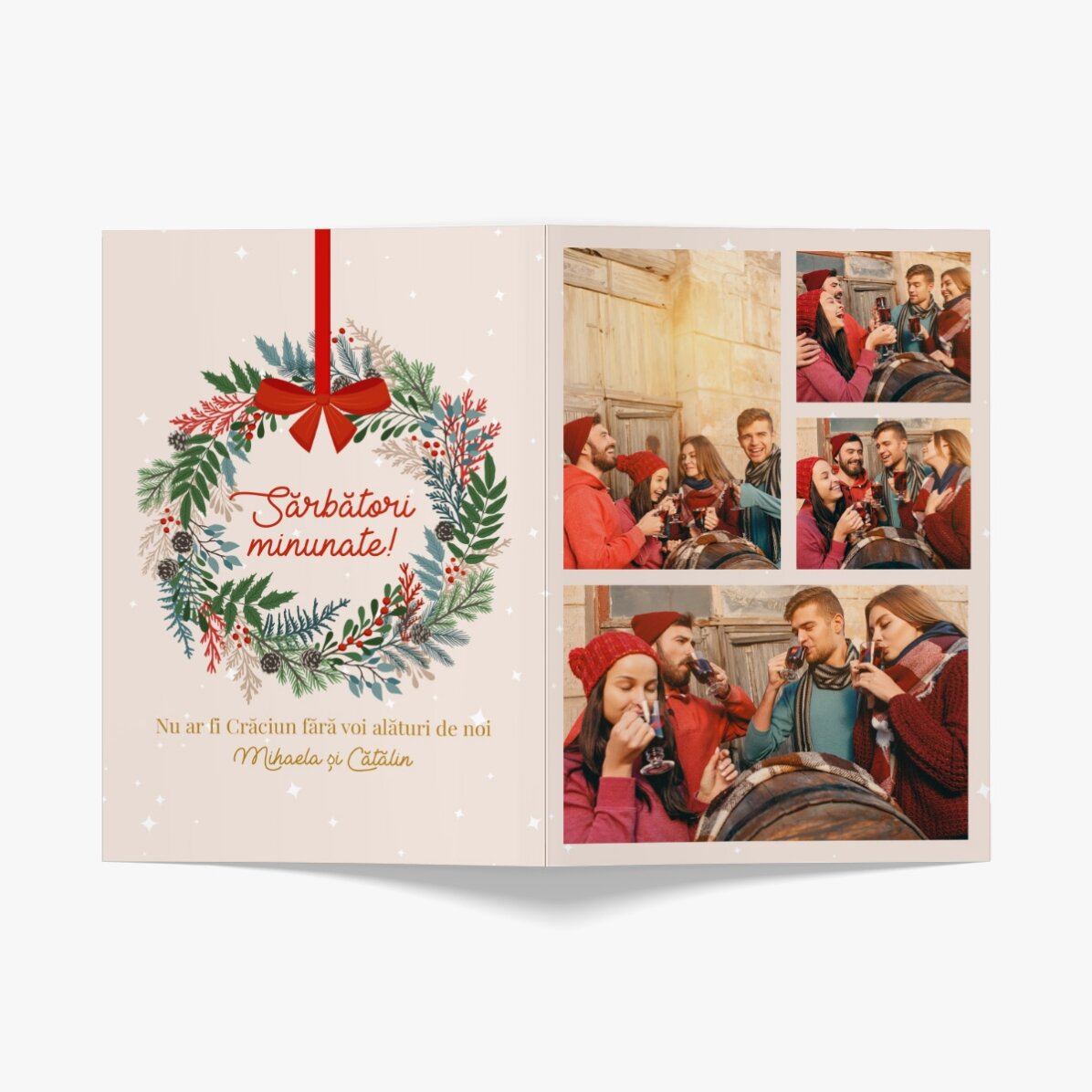 Carte de vœux personnalisée avec 4 photos et un texte - Couronne de Noël