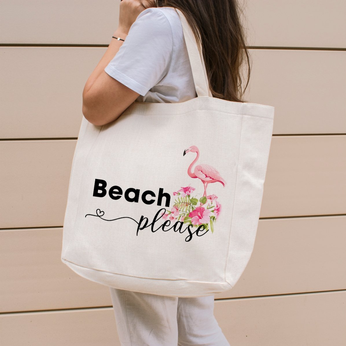 Sac de plage personnalisé avec inscription - Modèle « Beach please » avec flamant rose