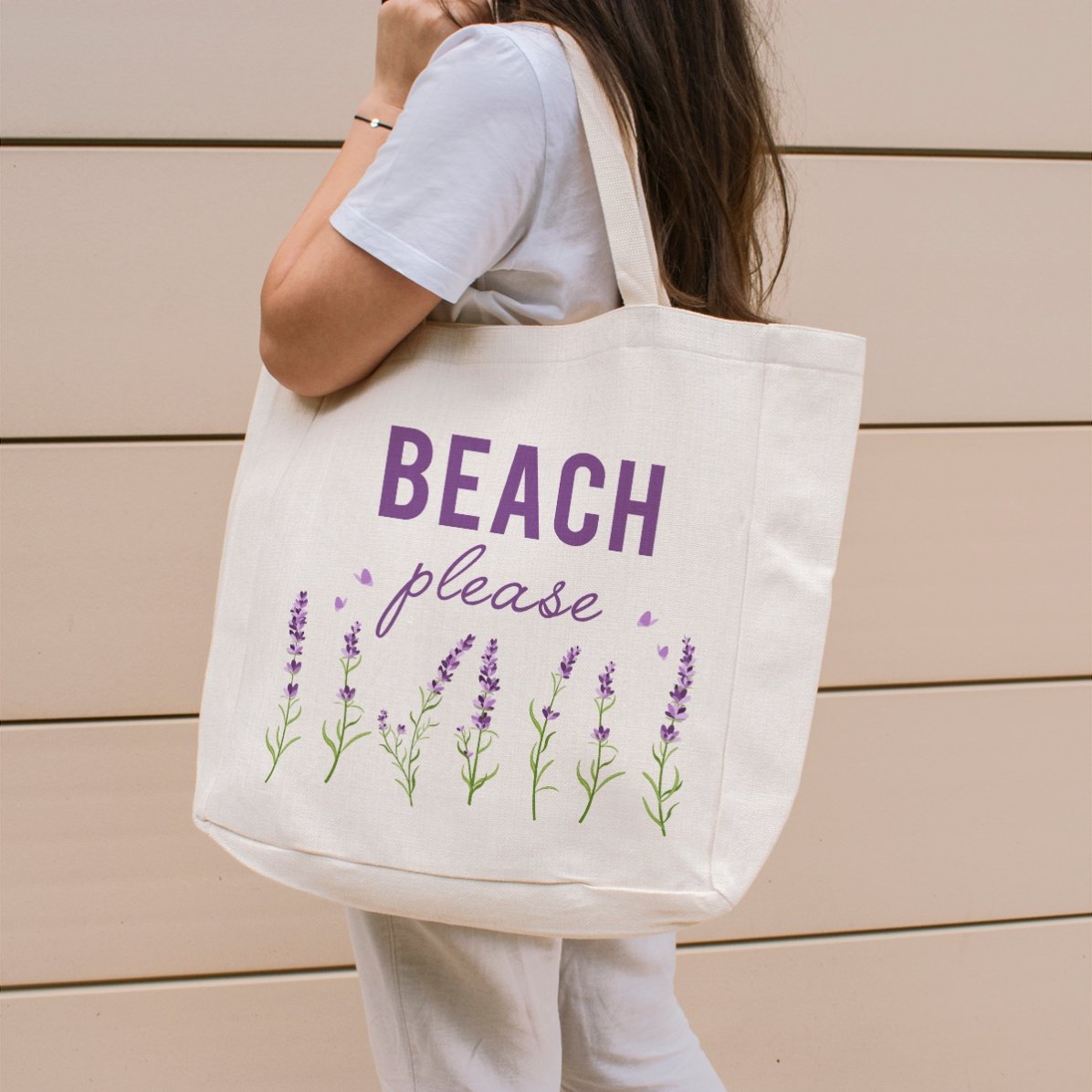 Sac de plage personnalisé avec inscription - Modèle « Beach please » couleur lavande