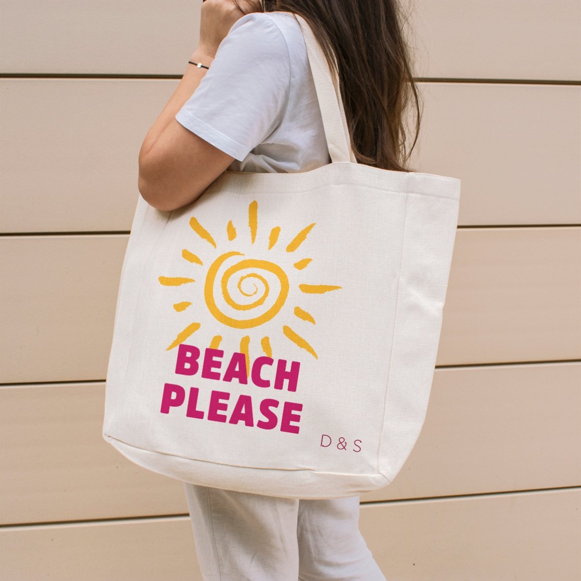 Sac de plage personnalisé avec inscription - Modèle « Beach please » avec motif soleil