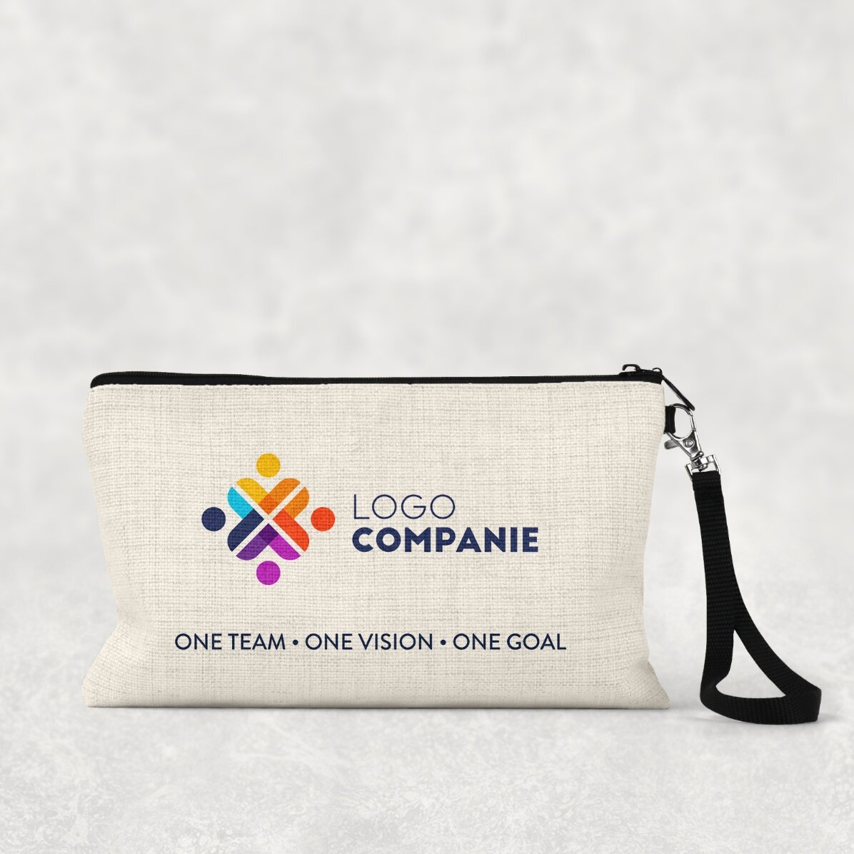 Petite pochette pour accessoires personnalisée avec un logo et un texte