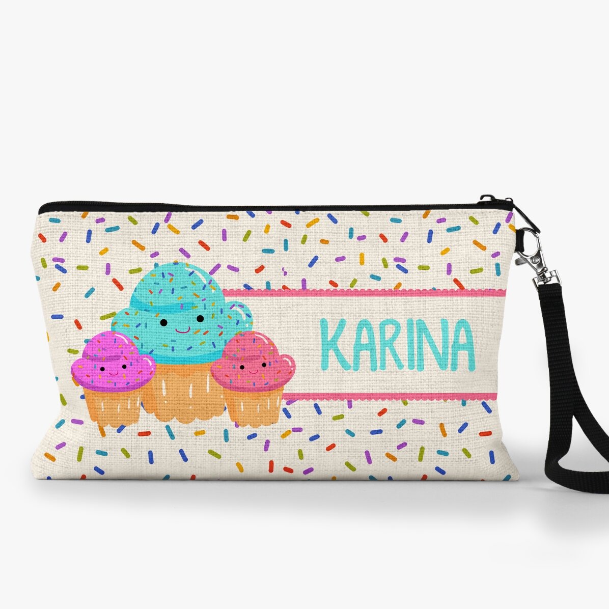Petite pochette pour accessoires personnalisée avec un prénom - Cupcakes