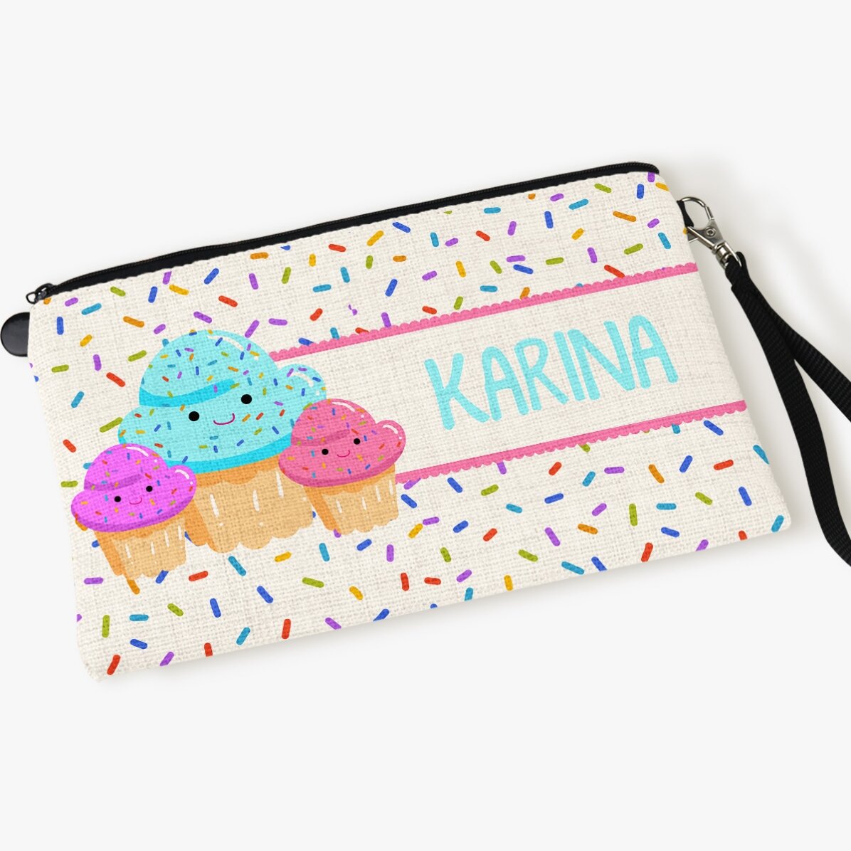 Petite pochette pour accessoires personnalisée avec un prénom - Cupcakes
