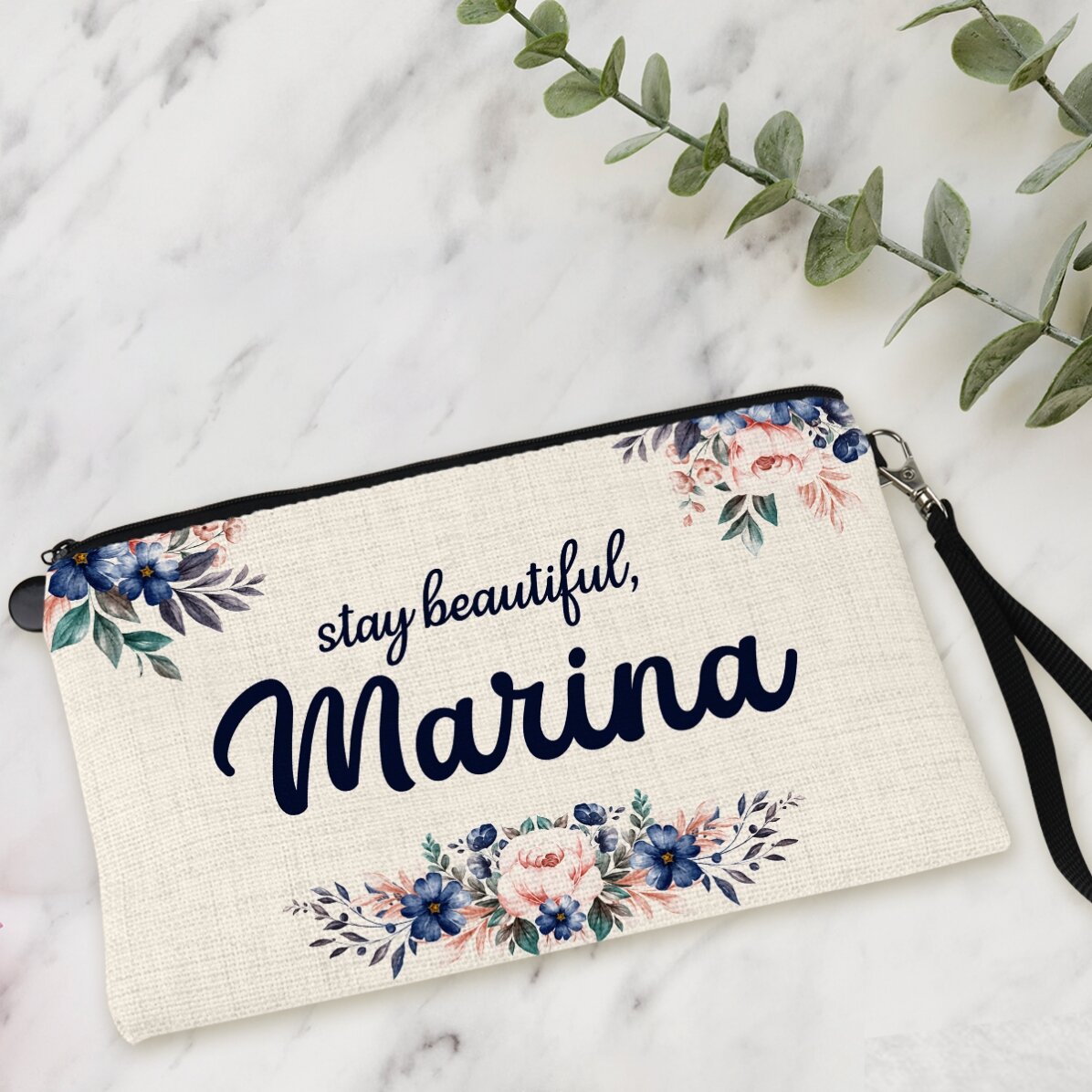Petite pochette pour accessoires personnalisée avec un texte - Motif floral
