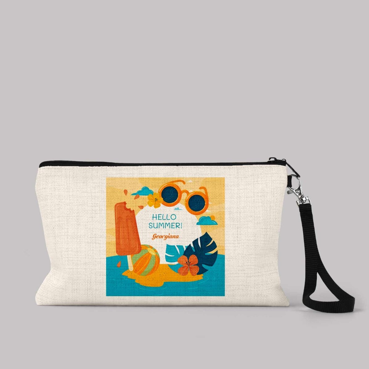 Petite pochette pour accessoires personnalisée avec le texte « Hello Summer ! »