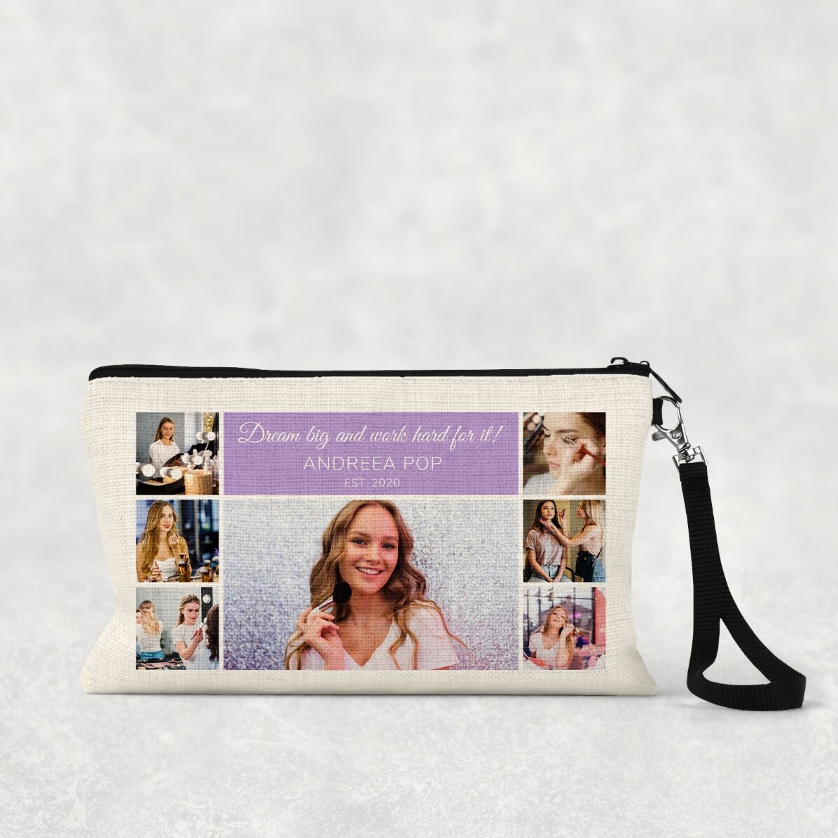 Trousse de maquillage personnalisée avec 7 photos et un texte