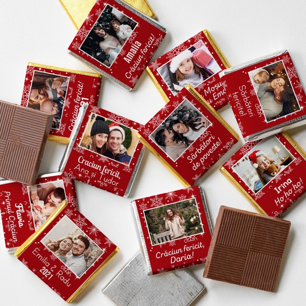 Sphère contenant 10 mini-chocolats personnalisés avec des photos et du texte