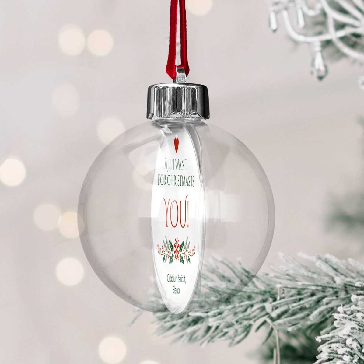 Boule transparente personnalisée recto-verso avec une photo et un message - « All I want for Christm