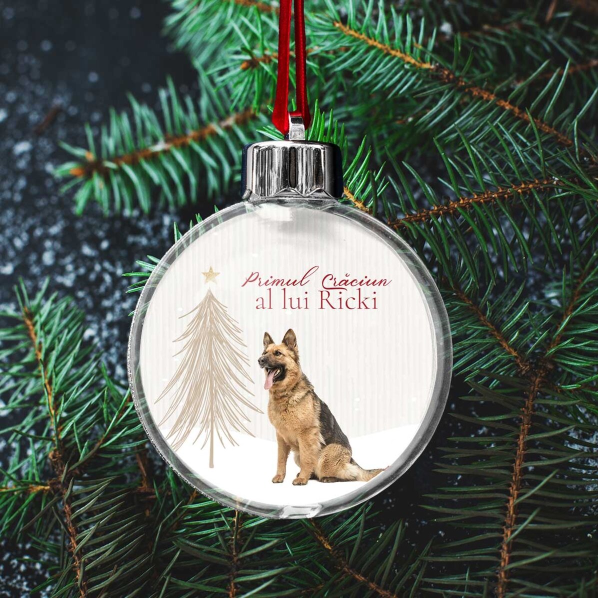 Boule de Noël transparente personnalisée recto-verso avec une photo et un message - Premier Noël poi