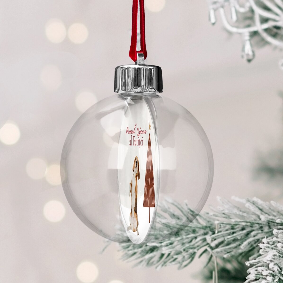 Boule de Noël transparente personnalisée recto-verso avec une photo et un message - Premier Noël poi