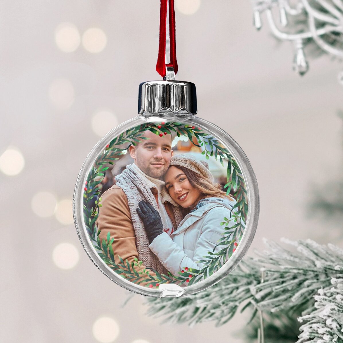 Boule de Noël transparente personnalisée recto-verso avec une photo et un message - Notre premier No