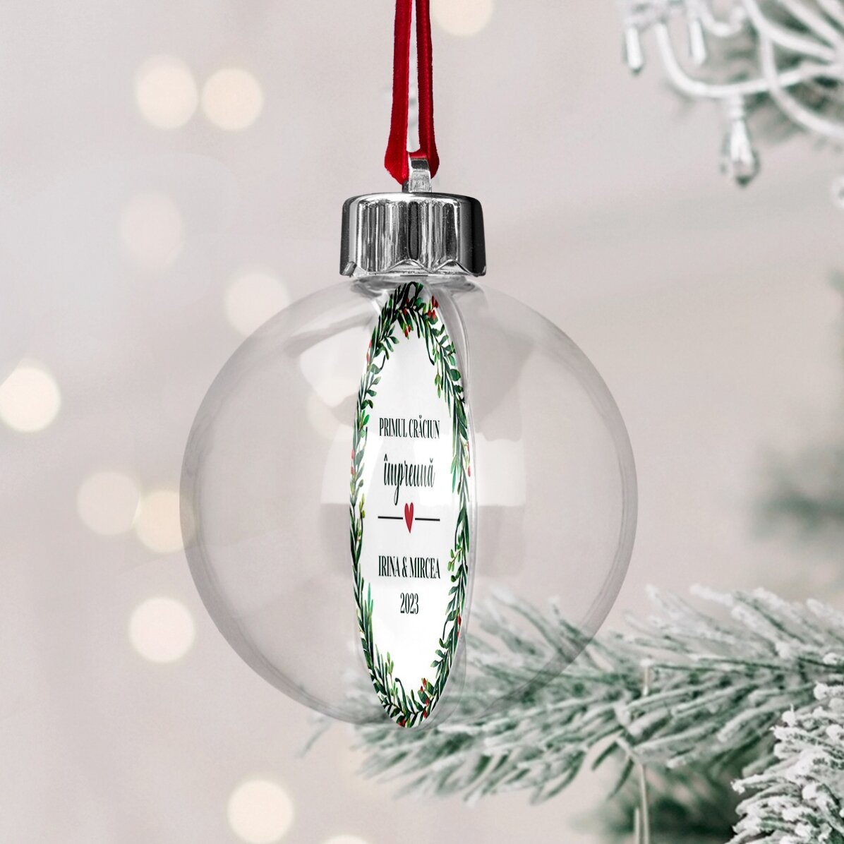 Boule de Noël transparente personnalisée recto-verso avec une photo et un message - Notre premier No
