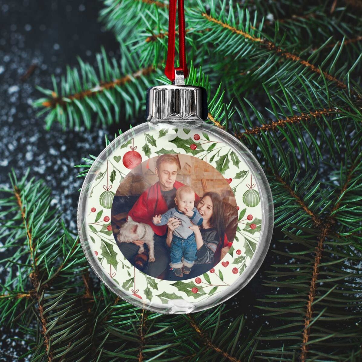 Boule de Noël transparente personnalisée recto-verso avec une photo et un message - Mon premier Noël