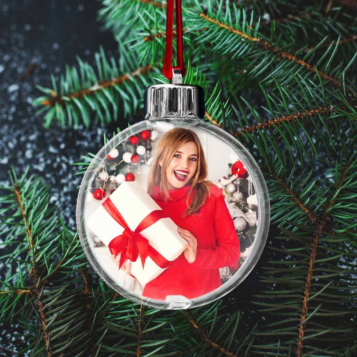 Boule transparente personnalisée recto-verso avec une photo et un texte - Joyeux Noël !