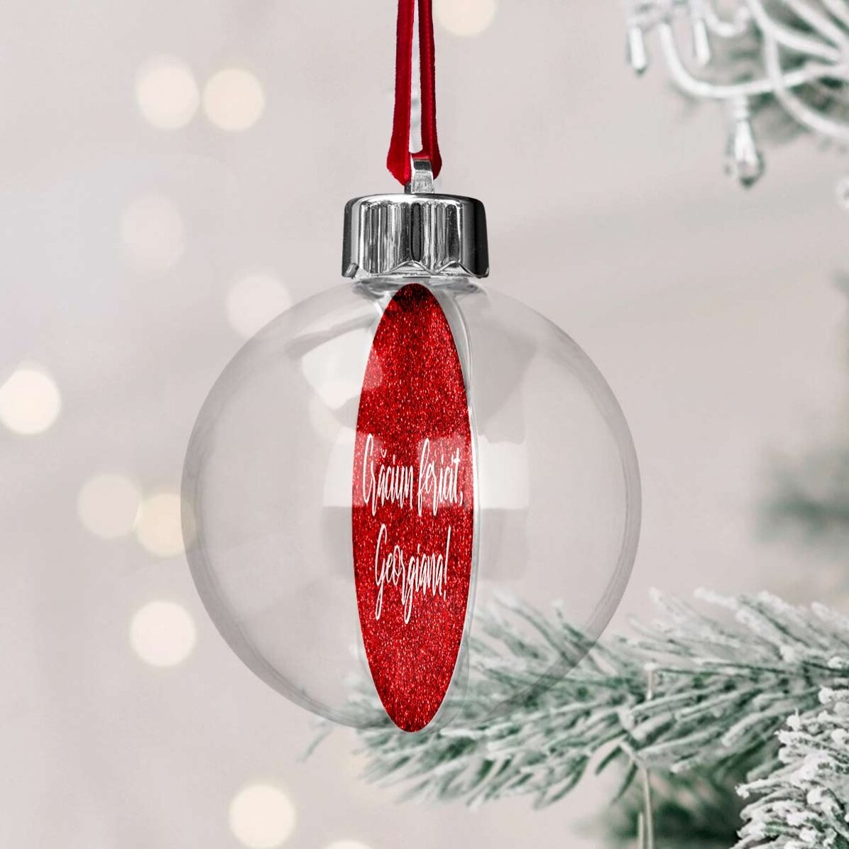 Boule transparente personnalisée recto-verso avec une photo et un texte - Joyeux Noël !